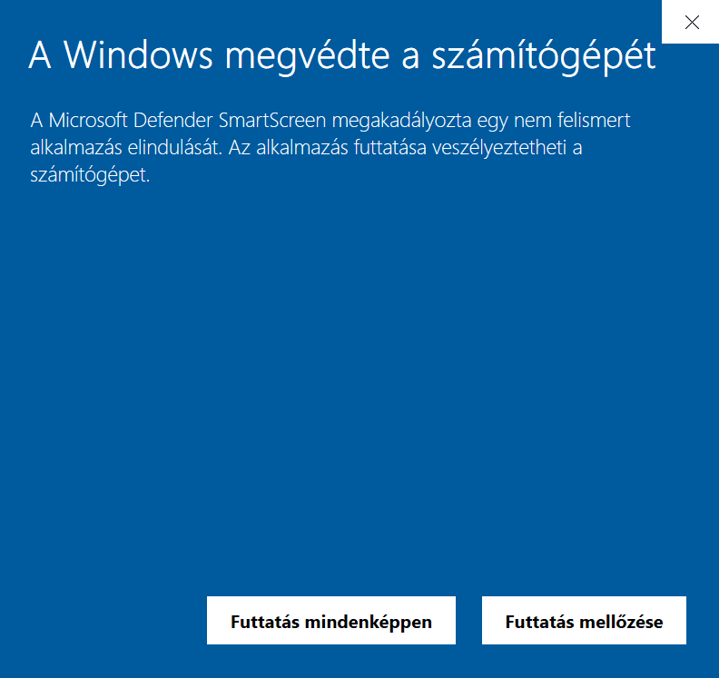 Windows Defender SmartScreen ablak a „Futtatás mindenképpen” gombbal